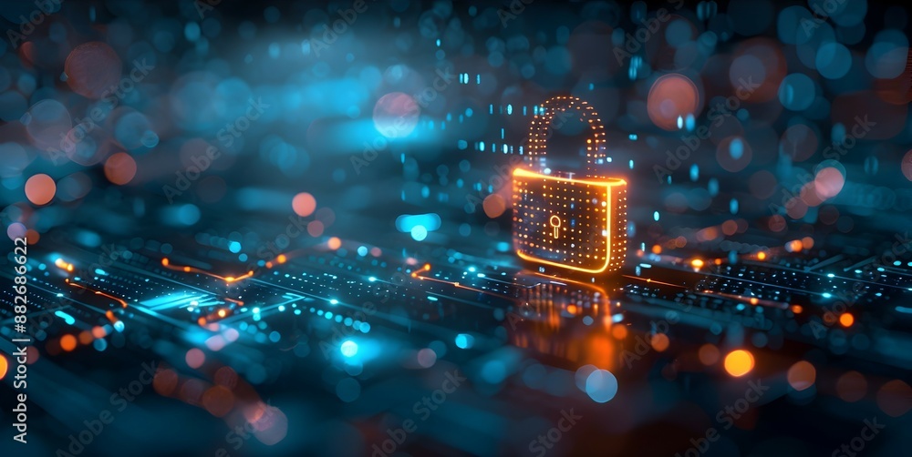 Poster glowing digital padlock icon in dark futuristic cybersecurity concept with streaming data flows