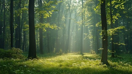 Obraz premium Woodland scene: forest landscape with generous copy space for text, ideal for nature and environmental visuals.