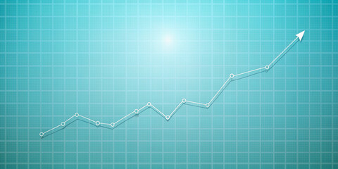 Fototapeta premium Upward trending simple line graph on a light blue background with subtle grid pattern, showcasing consistent and steady market growth over time.