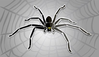 Spider on the background of a spider web. Sticker. Print design. Halloween spider poster. Vector illustration.