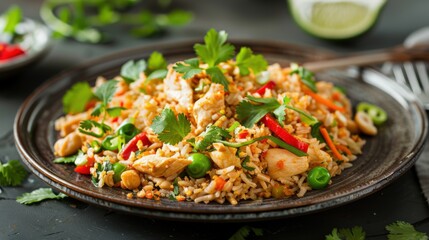 Delicious Thai fried rice with chicken, vegetables, and fresh herbs served on a dark plate. A perfect blend of flavors and colors.