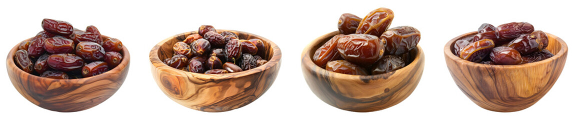 Dried dates in a wooden bowl, isolated