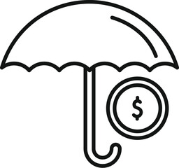 Line drawing of an umbrella protecting a dollar coin symbolizing financial security and savings