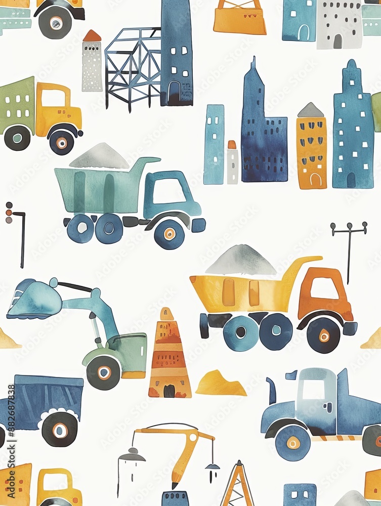 Wall mural a fun and colorful construction-themed wallpaper design for kids, featuring cartoon trucks like dump