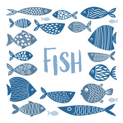 Collection of vector hand-drawn cute fish in flat style. Big set of fish body vector icons. Vector illustration for icon, logo, print, icon, card, emblem, label, sticker.eps