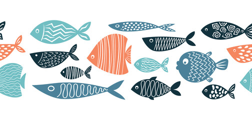 Seamless vector hand drawn tropical and colorful fish pattern..eps