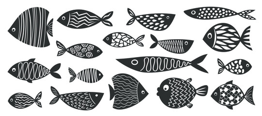 Set of fish with geometric design. Black silhouettes. Isolated vectors.eps