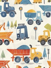 A fun and colorful construction-themed wallpaper design for kids, featuring cartoon trucks like dump trucks and concrete pouring robots against a white background with simple cityscape elements in blu