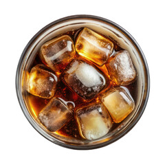 Glass of cola with ice cube top view isolated on transparent background