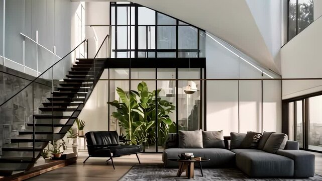 Video animation of modern interior living space with a high ceiling and large windows, allowing abundant natural light