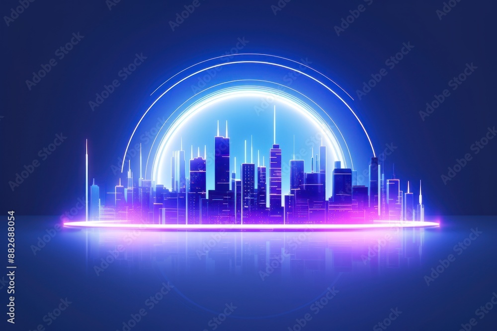 Sticker digital blue holography city light neon architecture.