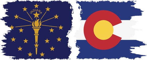 Colorado and Indiana states grunge brush flags connection, vector