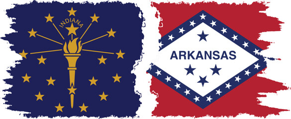 Arkansas and Indiana states grunge brush flags connection, vector