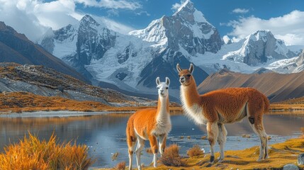 Stunning Mountain Landscape with Llamas Grazing by the Lake