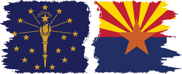 Arizona and Indiana states grunge brush flags connection, vector