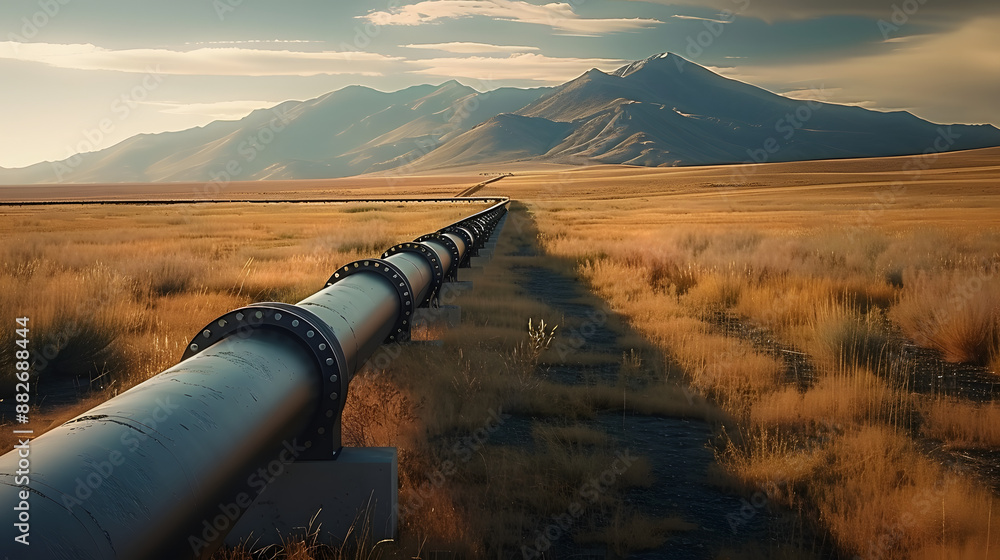 Poster oil pipeline running through a field towards a mountain in the distance.