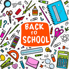 Big set of children school elements isolated on white background. Magnifying glass, ruler, glue, paper clip, scissors, notebook, eraser, pen, pencil, marker, paint, test tube, glasses, calculator.