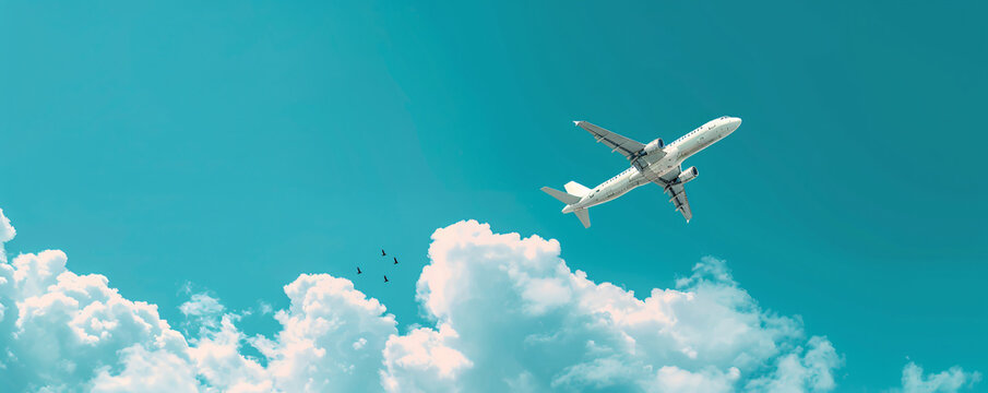 photo of a white airplane flying in the blue sky with clouds, banner for a web design or travel company, wide format, copy space concept, high resolution