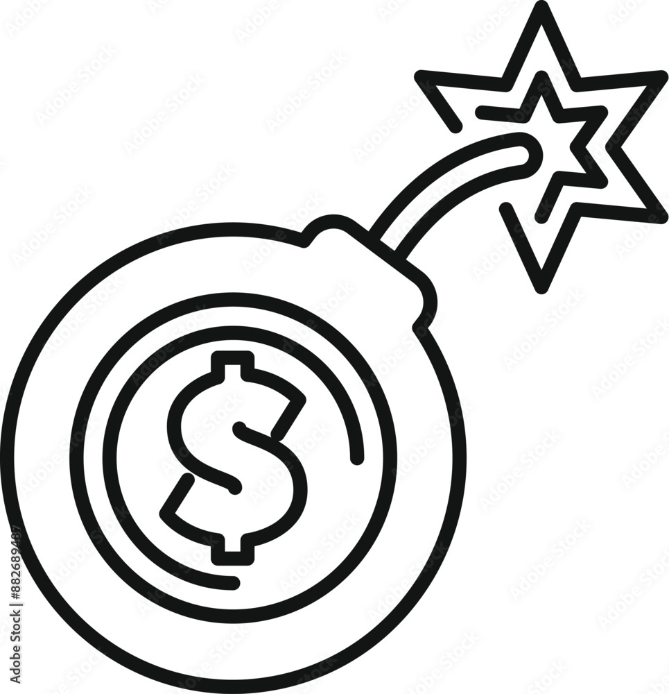 Wall mural Line drawing of a round bomb with a dollar sign on it and a burning fuse, symbolizing financial crisis