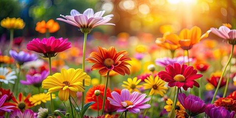 Fototapeta premium Colorful flowers in bloom creating a vibrant and beautiful background, floral, nature, outdoor, garden, petals, blooming