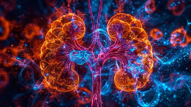 Renal pathology: detailed image depicting the effects of chronic kidney disease on kidney tissue, perfect for medical presentations.