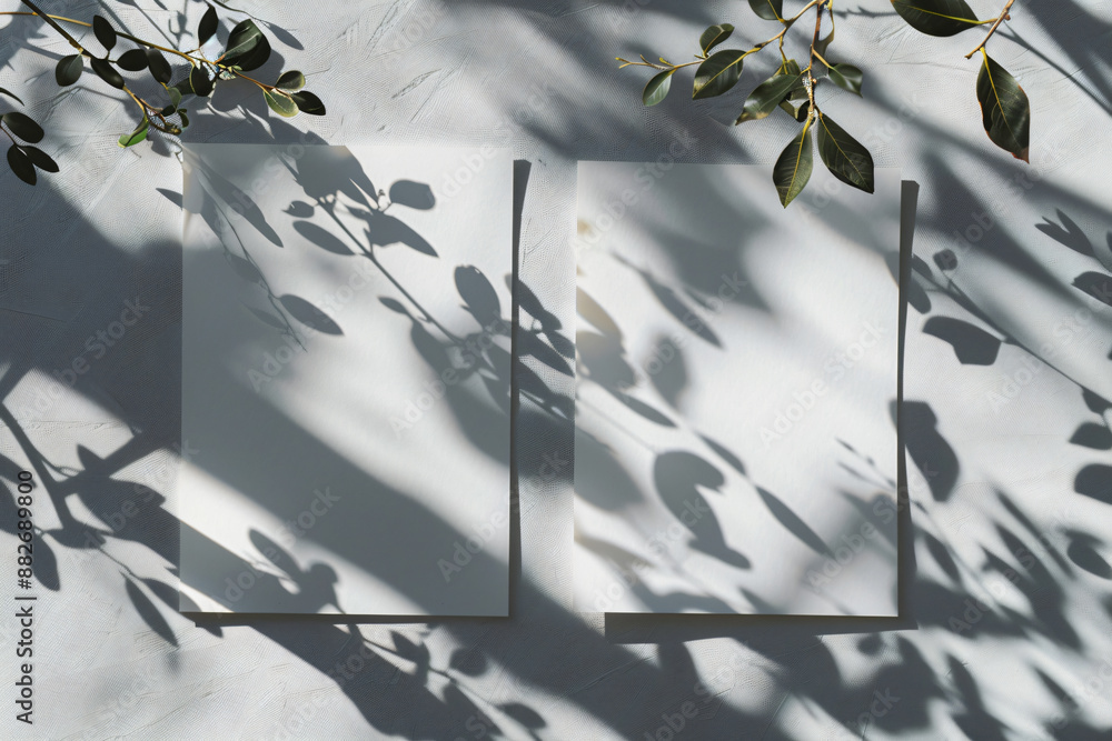 Poster two blank white papers on a grey background with shadows from tree leaves. a natural light effect. a