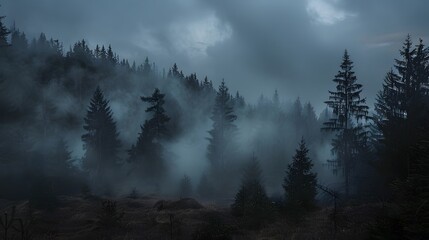 Countryside forest with cloudy sky covered by fire smoke during the evening. 