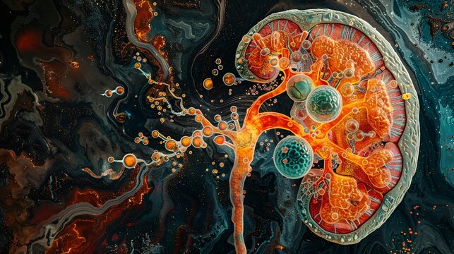 Renal tissue pathology: medical artwork depicting chronic kidney disease effects on kidney tissue, suitable for medical professionals and educational use