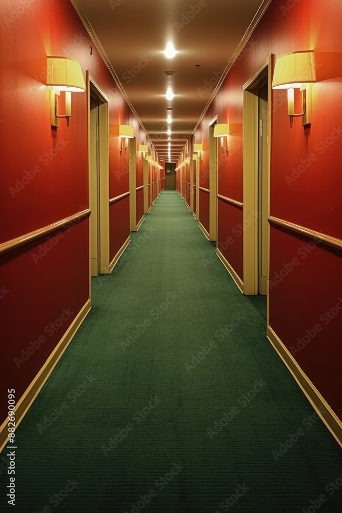 Canvas Prints red hallway vintage hotel architecture illuminated darkness.