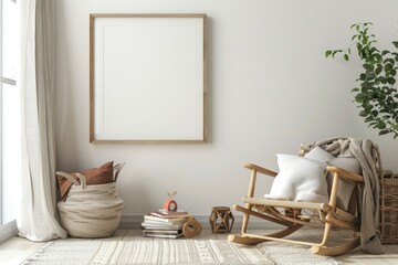 Comforting Children's Reading Nook with Rocking Chair, Picture Books, and Blank Frame for Mockup Peaceful Kids' Relaxation Space