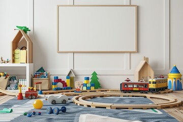 Creative Play Area with Wooden Train Set and Blank Canvas Mockup for Children's Room Imagination