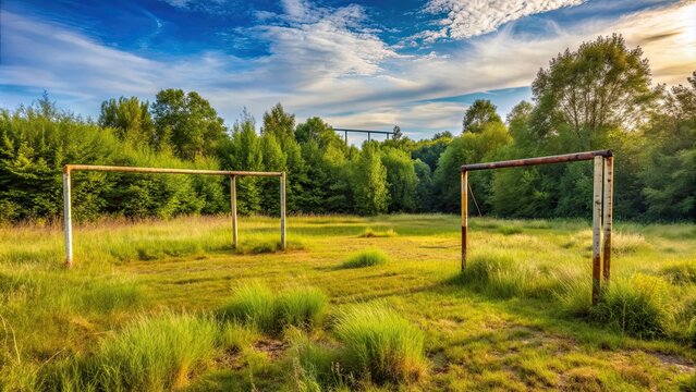 Overgrown and abandoned football field with rusty goal posts , abandoned, run-down, neglected, derelict, football field