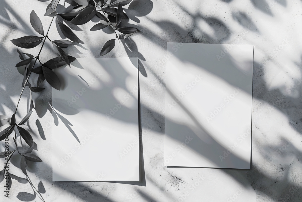 Poster two blank white papers on a grey background with shadows from tree leaves. a natural light effect. a