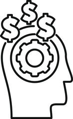 Line art drawing of a human head profile with a cogwheel generating dollar signs, representing the concept of making money with ideas