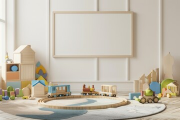 Creative Play Area with Wooden Train Set and Blank Canvas Mockup for Children's Imagination