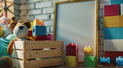 Playful Wooden Toy Chest with Colorful Building Blocks, Stuffed Animals, and Blank Poster Mockup for Kids' Room Decor