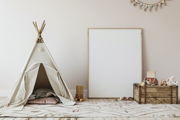 Creative Kids' Room with Teepee Tent, Toy Chest, and Blank Canvas Mockup for Personalization