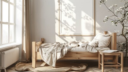 Cozy Children's Room with Sunlight, Natural Wooden Bed, and Blank Poster Mockup for Whimsical Artwork - Interior Design Concept