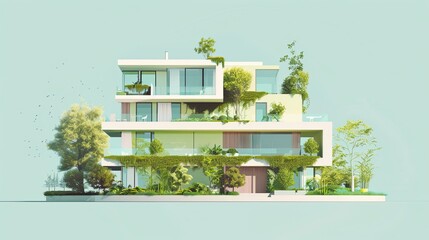 Green buildings flat design side view eco-construction animation colored pastel