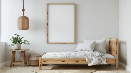 Serene Minimalist Children's Room with Natural Wooden Bed and Blank Poster Mockup on White Wall