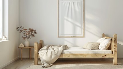 Serene Minimalist Children's Room with Wooden Bed and Blank Poster Mockup on White Wall