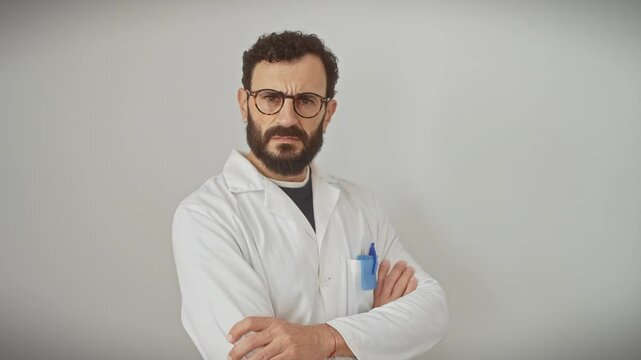 Middle age man, donning a scientist uniform, arms crossed in skeptic negativity. nervous, disapproving expression paints his face, isolated against a white background.