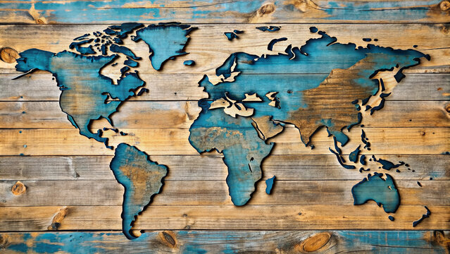 A rustic wooden world map, faded blue oceans and earthy tones, mounted on a distressed wooden background, showcasing continents and countries in beautiful relief.