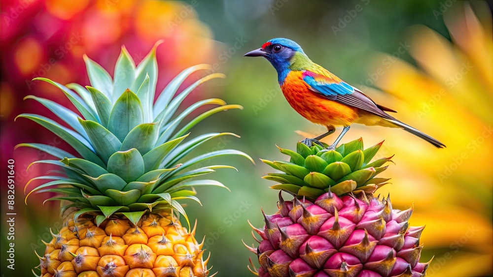 Poster Colourful bird perched on a pineapple under the sun with a vibrant flower nearby , Colorful, bird, pineapple, sun, flower