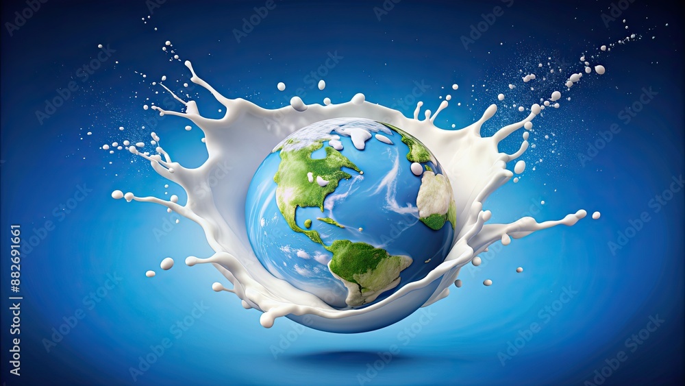 Sticker of Earth surrounded by milk splash on blue background, celebrating World Milk Day , Earth, milk, splash, blue, background