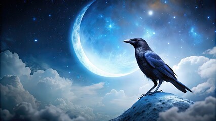 Majestic crow perched on a crescent moon in the night sky , crow, crescent moon, night, sky, stars, mysterious, majestic, wildlife