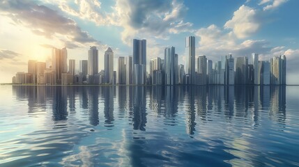 Fototapeta premium Modern City Skyline Reflecting on Water during Daytime with Futuristic Architecture and Urban Landscape