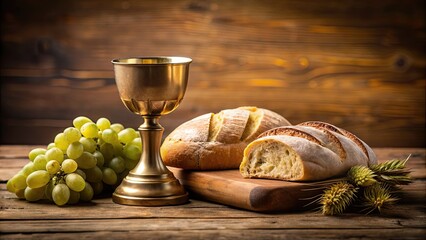 Communion elements of bread and wine on a wooden table, communion, sacrament, bread, wine, Christian