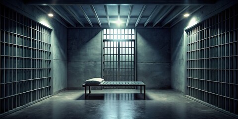 Dark and eerie rendering of a prison cell at night, prison, cell, darkness, confinement, night, interior, spooky, creepy, jail