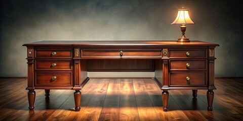 Mahogany desk in soft lamplight , mahogany, desk, center, room, soft, lamplight, vintage, elegant, furniture, workspace